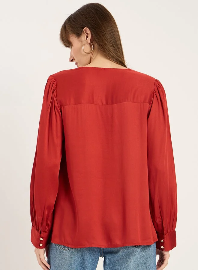 Femmella  Femmella Rust Dual Button Detail V Neck Top for Women | Best Price UAE