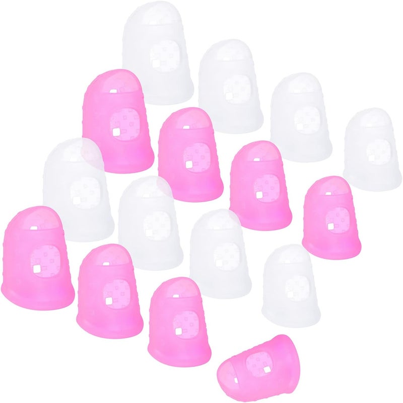 Wisdompro 16 Pcs Finger Tips, 4 Sizes Silicone Thimble Fingertip Grips Thumb Protectors Pads Cover for Hand Sewing, Paper Sorting, Page Turning, Money Counting, Guitar Playing - Pink, Translucent - Image 1