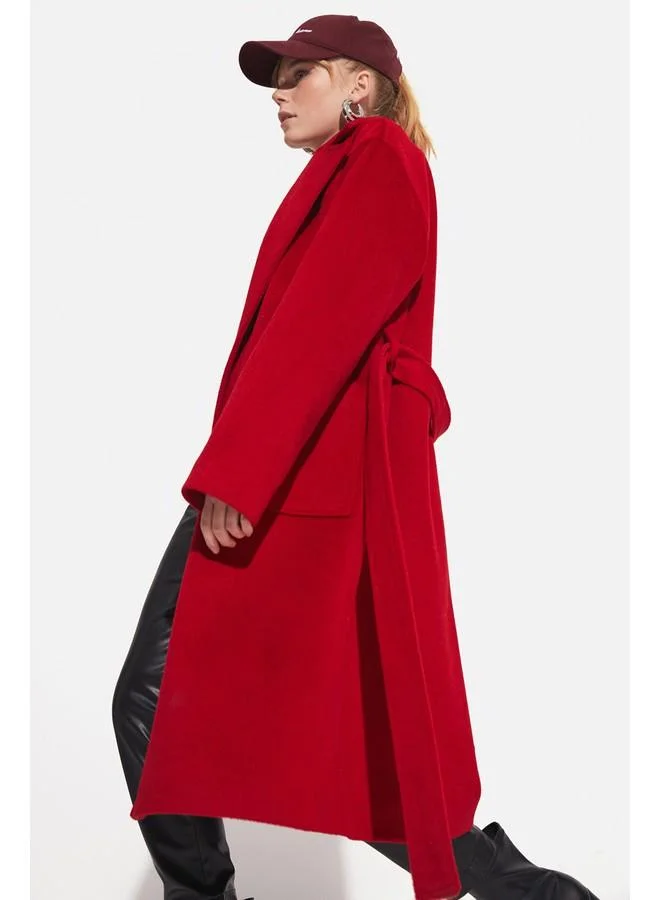 جون June Stamp Loose Fit Coat with Tie Detail Red