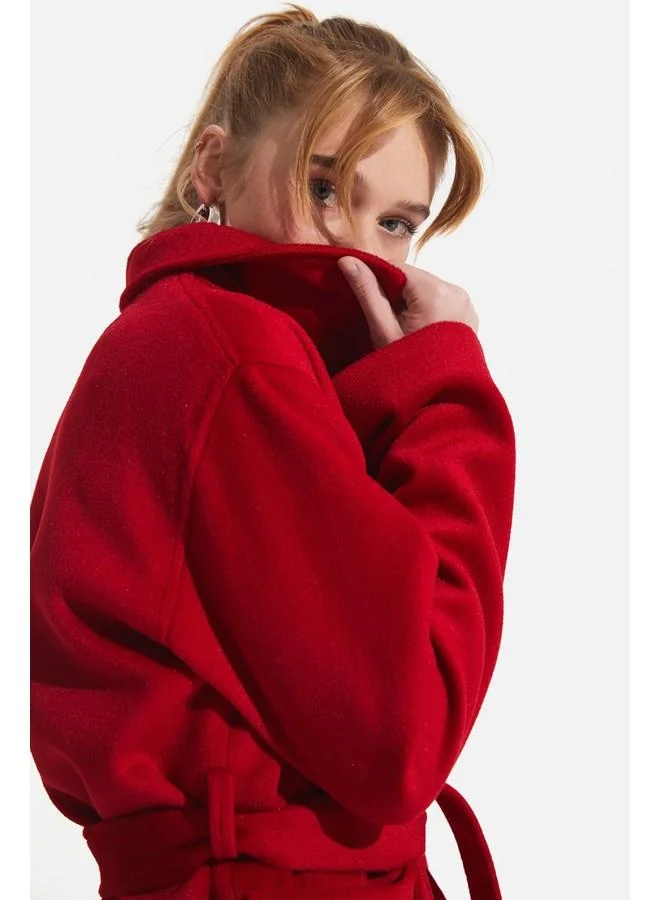 جون June Stamp Loose Fit Coat with Tie Detail Red
