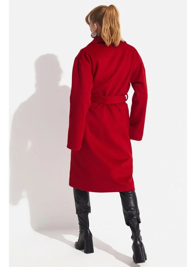 جون June Stamp Loose Fit Coat with Tie Detail Red