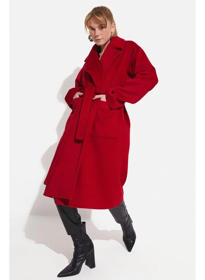 جون June Stamp Loose Fit Coat with Tie Detail Red