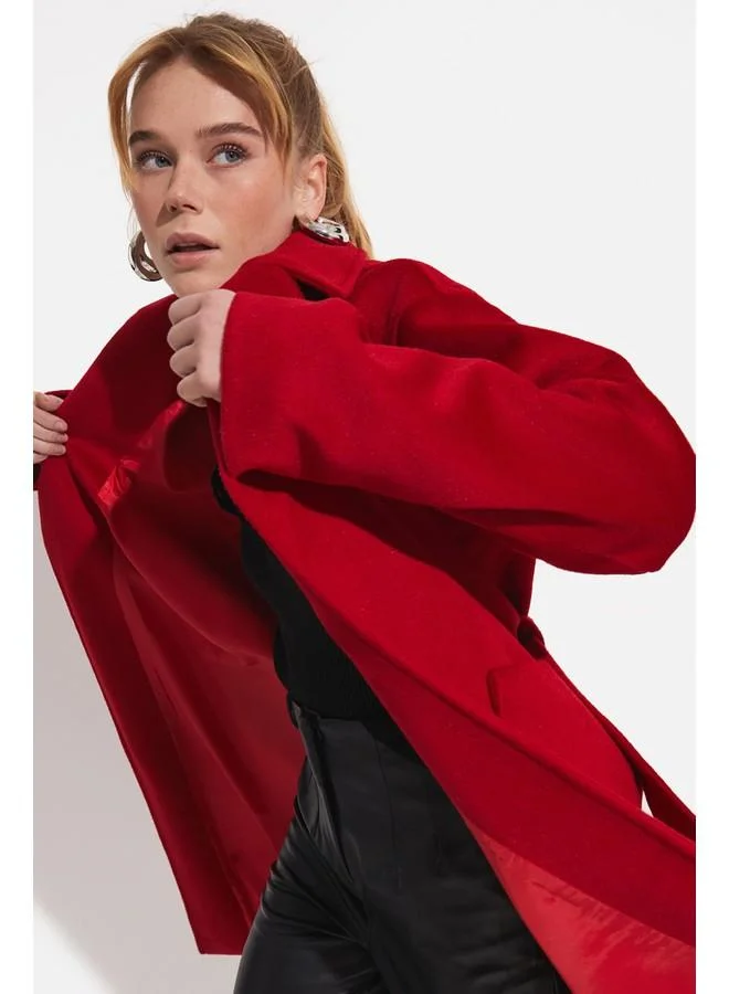 جون June Stamp Loose Fit Coat with Tie Detail Red