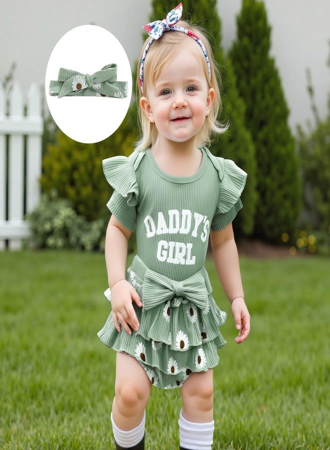 wybzd Daddys Girl Newborn Outfits Ruffle Ribbed Romper Top Floral Shorts Set Baby infant Father's Day Summer Outfit (Green Daddy Girls, 0-3 Months) - Image 2