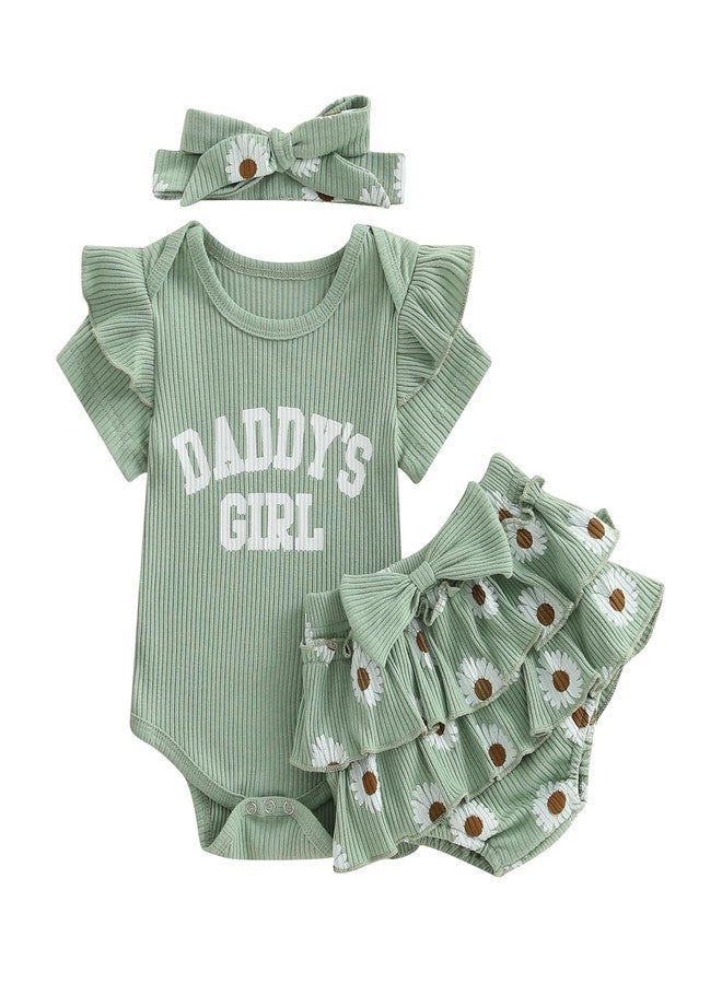 wybzd Daddys Girl Newborn Outfits Ruffle Ribbed Romper Top Floral Shorts Set Baby infant Father's Day Summer Outfit (Green Daddy Girls, 0-3 Months) - Image 1