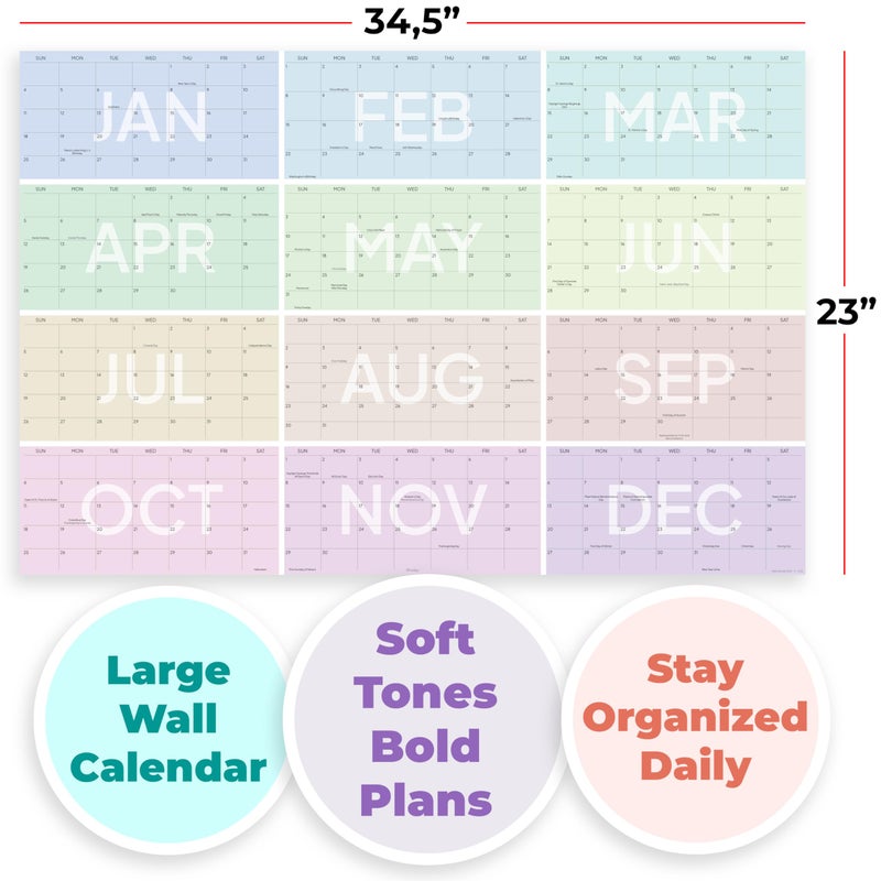 HADIGU Large Wall Calendar 2026 (34.5 x 23 inches), 2026 Calendar Monthly Planner for Wall, Colorful Aesthetic Design, Horizontal Layout, Heavyweight Uncoated Text Paper (Comes Folded in Special Envelope). - Image 3