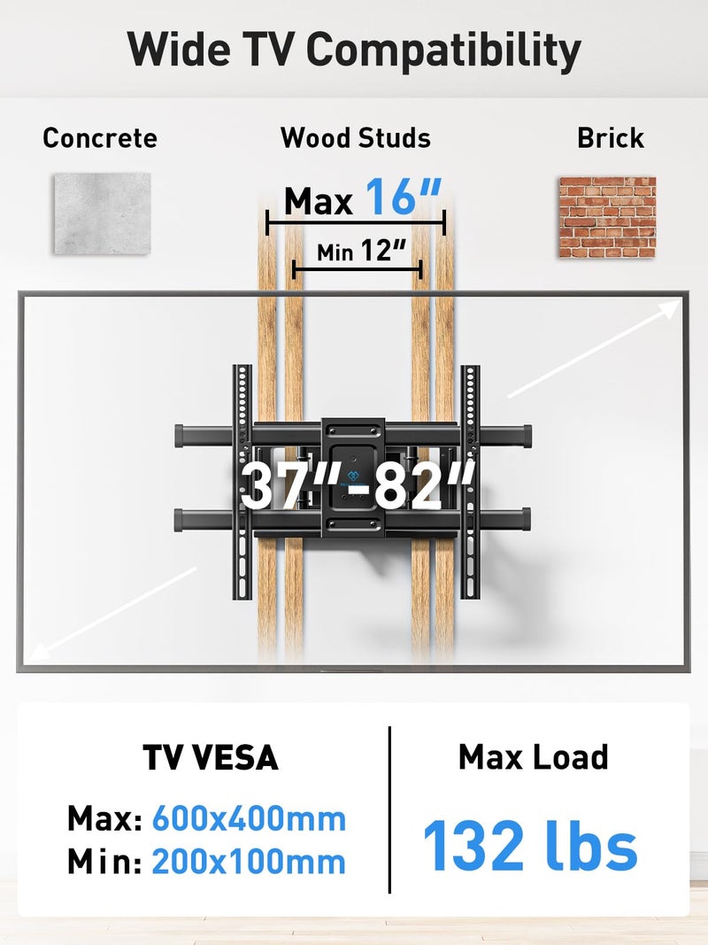 PERLESMITH Full Motion TV Wall Mount for Most 37-82 inch TVs up to 132 lbs, TV Mount with Dual Articulating Arms with Tilt and Extension, Fits 12" 16" Studs, Max VESA 600x400mm, PSLFK1 - Image 2