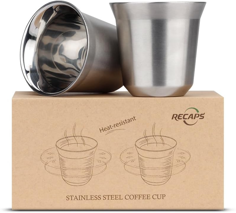 Recaps 80ml Stainless Steel Espresso Cups Set - 2 Pack Double Wall 304 Stainless Steel Demitasse Cups 2.7oz (Small Cup) - Image 1