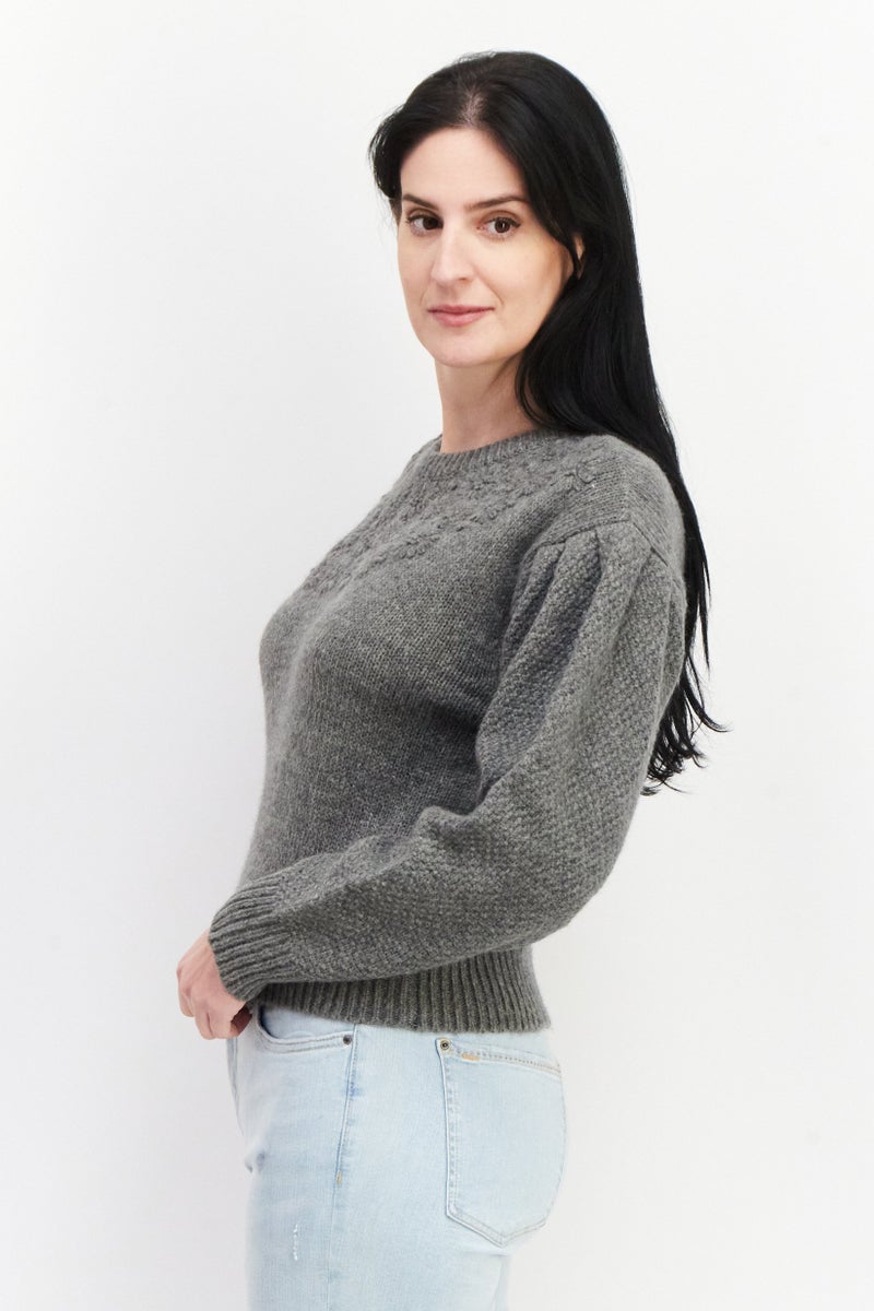 ASTR The Label Women Round Neck Textured Sweater, Grey - Image 3