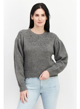 ASTR The Label Women Round Neck Textured Sweater, Grey  - Image 1