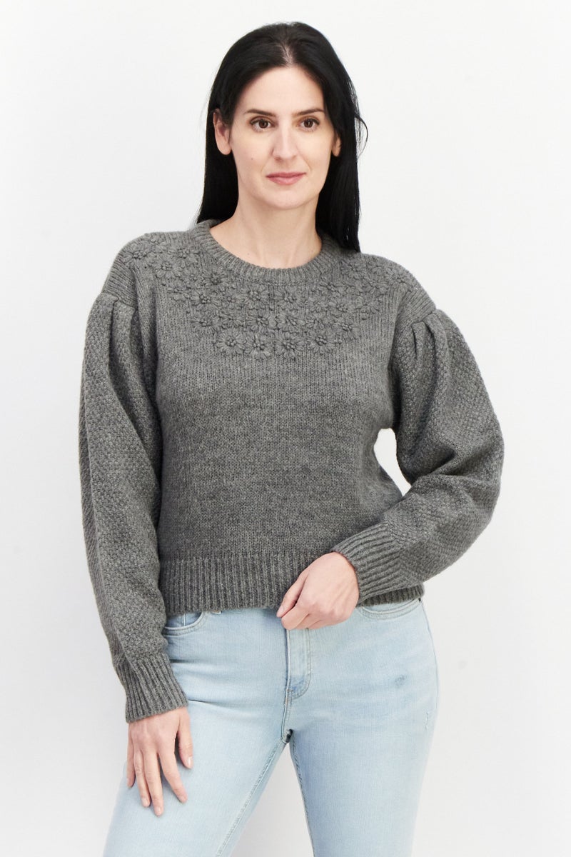 ASTR The Label Women Round Neck Textured Sweater, Grey - Image 1