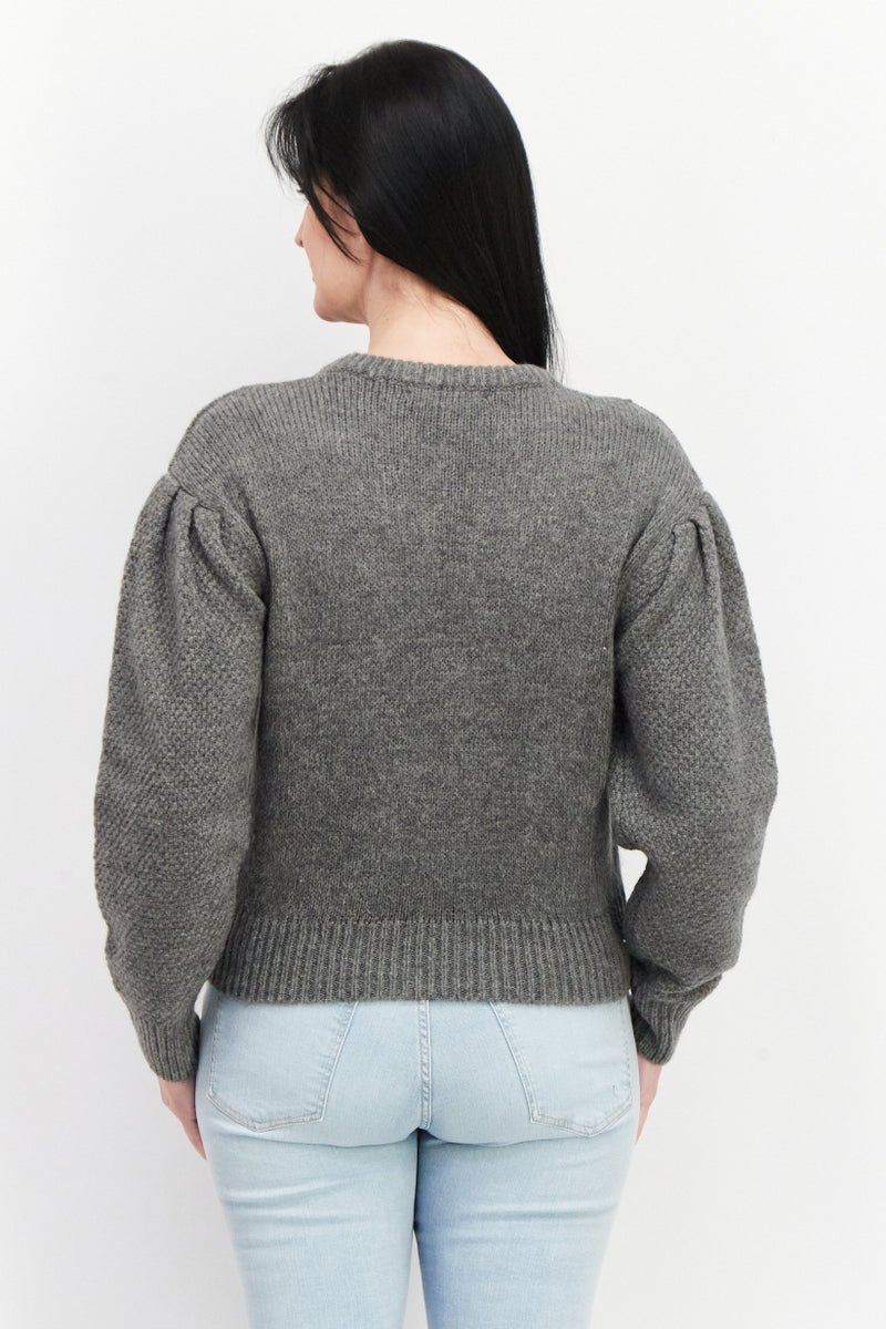 ASTR The Label Women Round Neck Textured Sweater, Grey - Image 2