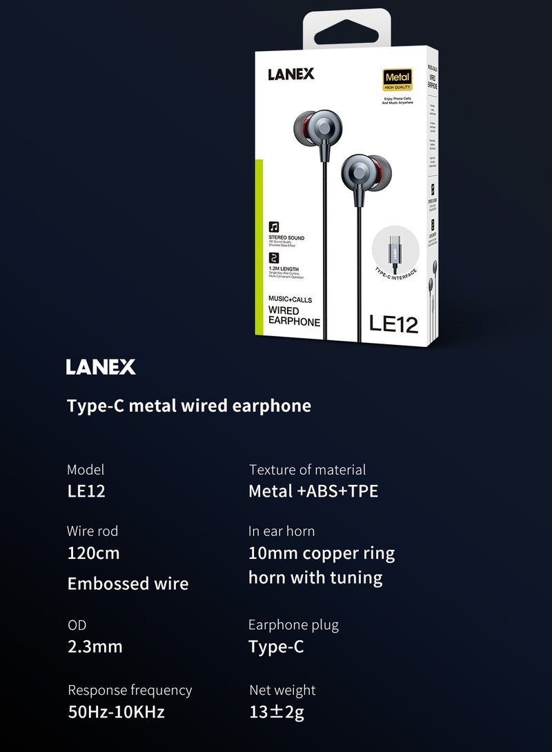 lanex LE12 Wired Type-C Earphone in Stylish Black Color Comfortable Rubber Design for Daily Use Provides Clear Sound and a Stable, Uninterrupted Listening Experience