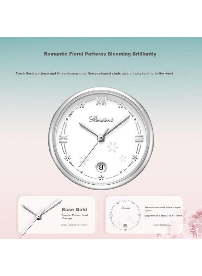 Rossini Women'S Quartz Watch With White Dial And Steel Strap, Birthday Gift For Girlfriend, Versatile And Lightweight With Calendar, Chinese Brand, 5230140 - Image 4
