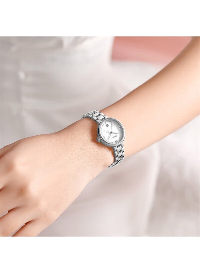 Rossini Women'S Quartz Watch With White Dial And Steel Strap, Birthday Gift For Girlfriend, Versatile And Lightweight With Calendar, Chinese Brand, 5230140 - Image 1