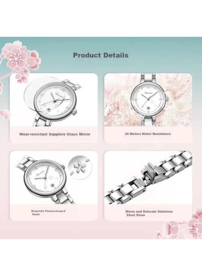 Rossini Women'S Quartz Watch With White Dial And Steel Strap, Birthday Gift For Girlfriend, Versatile And Lightweight With Calendar, Chinese Brand, 5230140 - Image 3