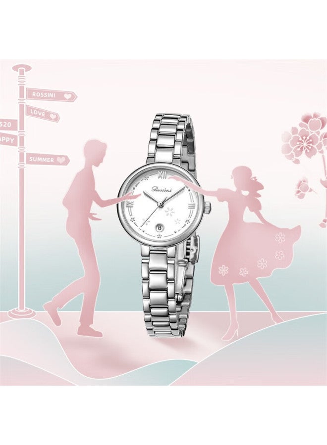 Rossini Women'S Quartz Watch With White Dial And Steel Strap, Birthday Gift For Girlfriend, Versatile And Lightweight With Calendar, Chinese Brand, 5230140 - Image 2