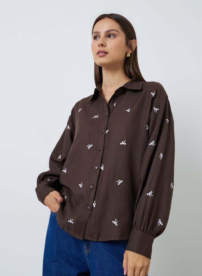 Styli Brown Embroidered Long Sleeve Shirt - Image 3