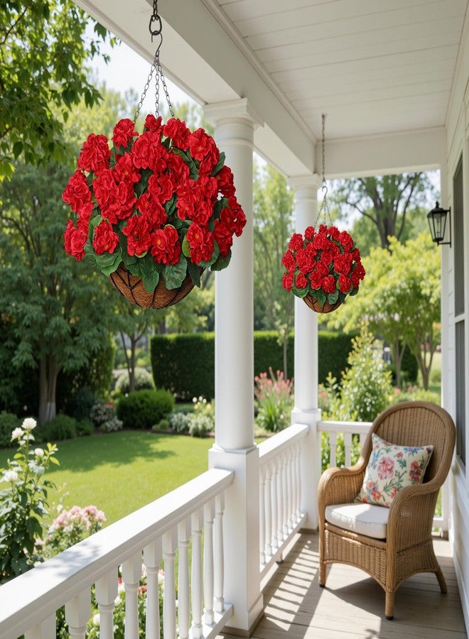 KHOYIME Artificial Hanging Flowers Plants Basket for Outdoors Indoor 2 Set Faux Silk Red Geraniums Fake Planters Realistic UV Resistant Spring Summer Home Outside Garden Porch Patio Balcony Yard Decor - Image 5