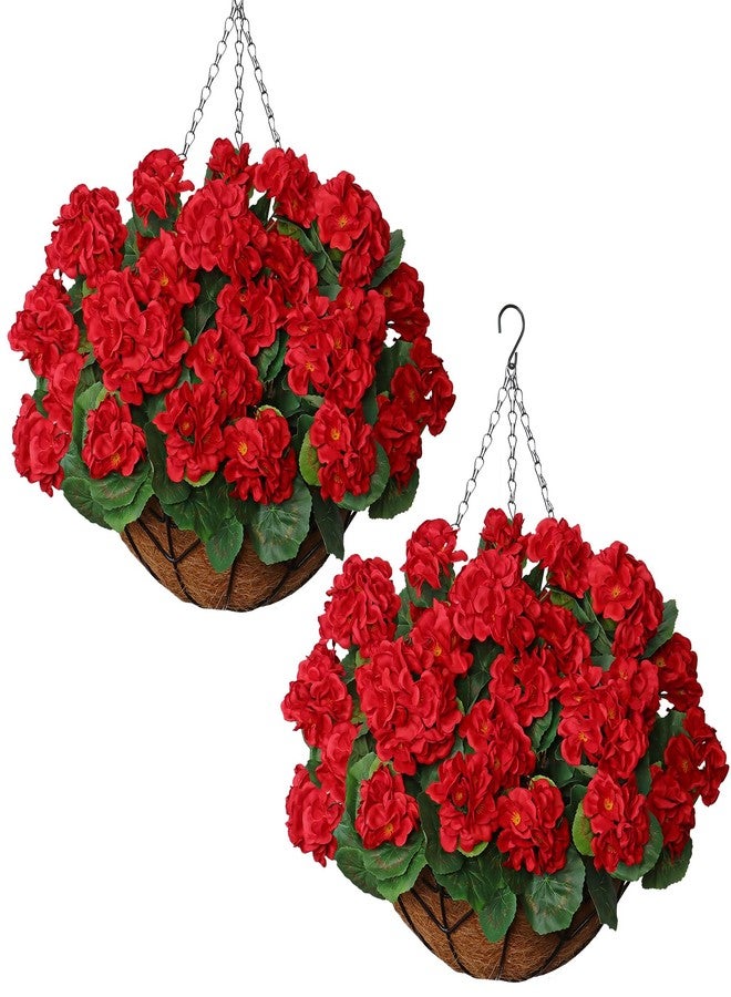 KHOYIME Artificial Hanging Flowers Plants Basket for Outdoors Indoor 2 Set Faux Silk Red Geraniums Fake Planters Realistic UV Resistant Spring Summer Home Outside Garden Porch Patio Balcony Yard Decor - Image 1