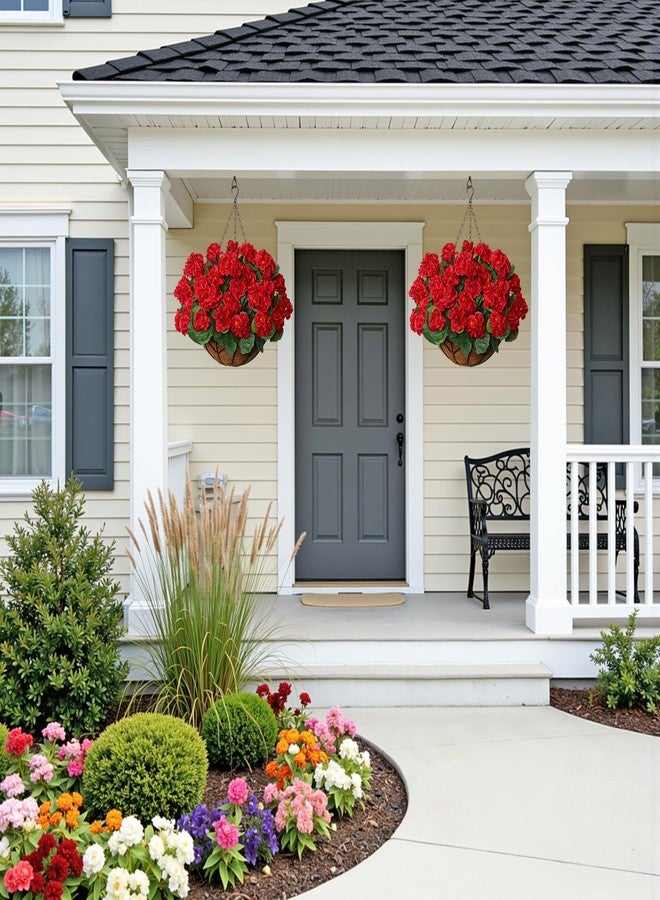 KHOYIME Artificial Hanging Flowers Plants Basket for Outdoors Indoor 2 Set Faux Silk Red Geraniums Fake Planters Realistic UV Resistant Spring Summer Home Outside Garden Porch Patio Balcony Yard Decor - Image 2