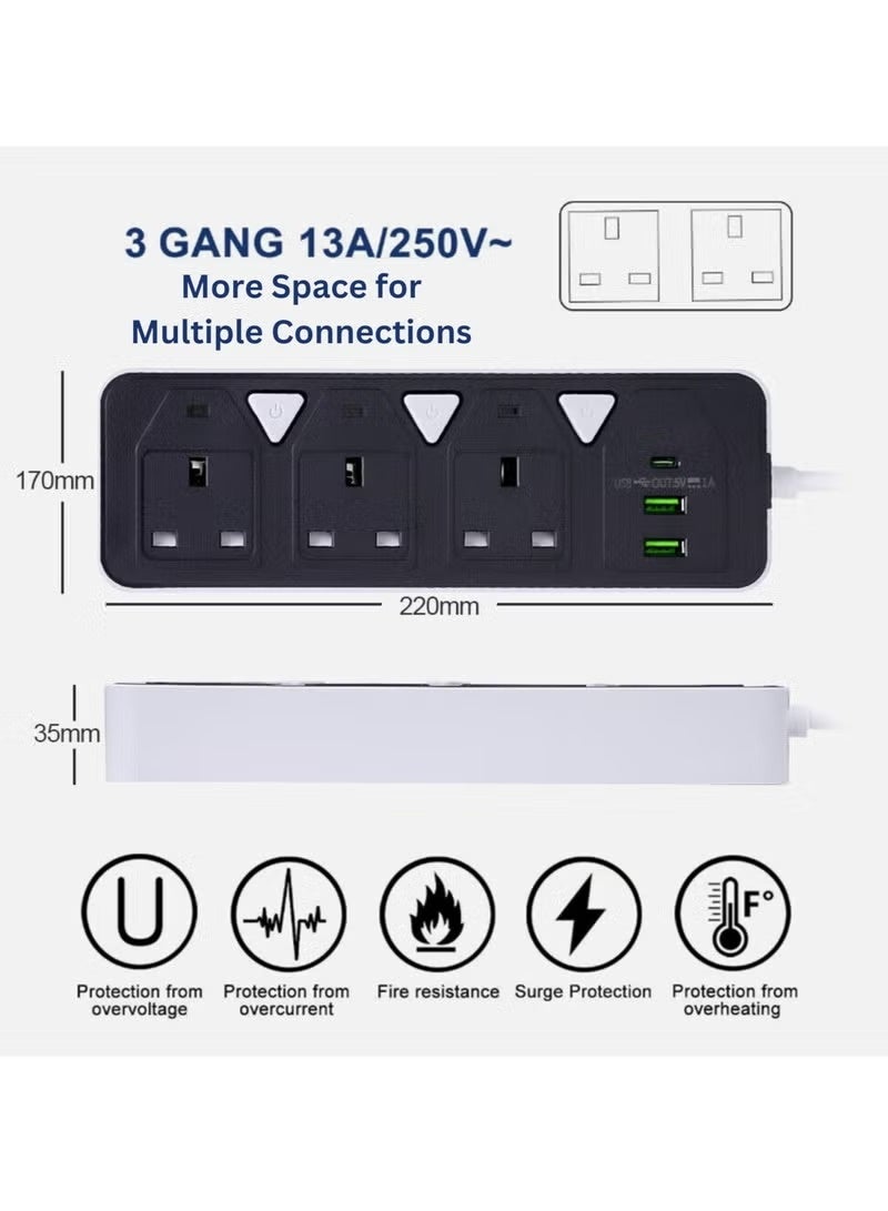 باور ماكس حامي مقبس تمديد الطاقة بطول 3 متر - 3 مآخذ واسعة مع 2 منافذ USB-A و 1 منفذ USB Type C، مقبس مسطح، تركيب جداري، محطة شحن USB للمكتب، مثالي لجميع الأجهزة الإلكترونية، 2000 W MAX لون أسود - Image 2