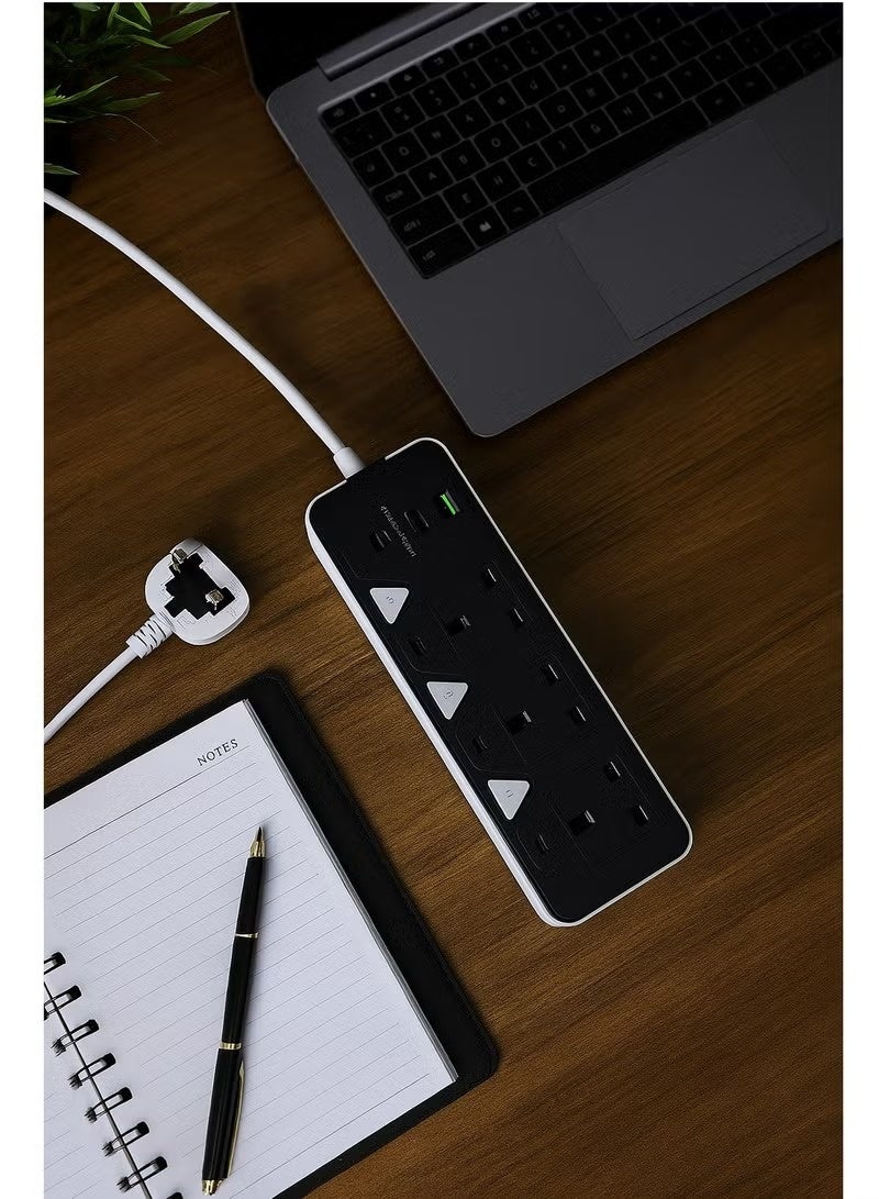 باور ماكس حامي مقبس تمديد الطاقة بطول 3 متر - 3 مآخذ واسعة مع 2 منافذ USB-A و 1 منفذ USB Type C، مقبس مسطح، تركيب جداري، محطة شحن USB للمكتب، مثالي لجميع الأجهزة الإلكترونية، 2000 W MAX لون أسود - Image 4