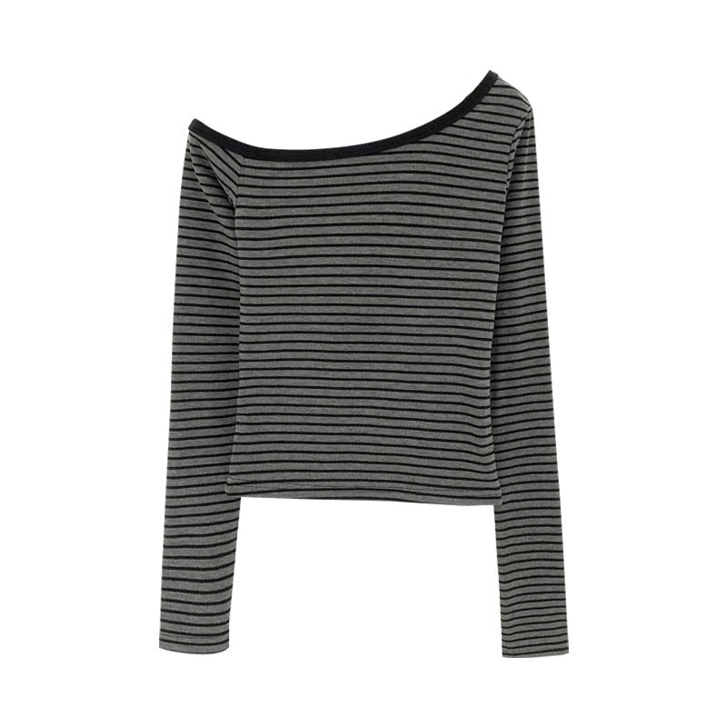 Explosions wholesale Korean hot girl slant shoulder off-shoulder design gray striped long sleeve T-shirt women's early autumn inner base shirt - Image 5