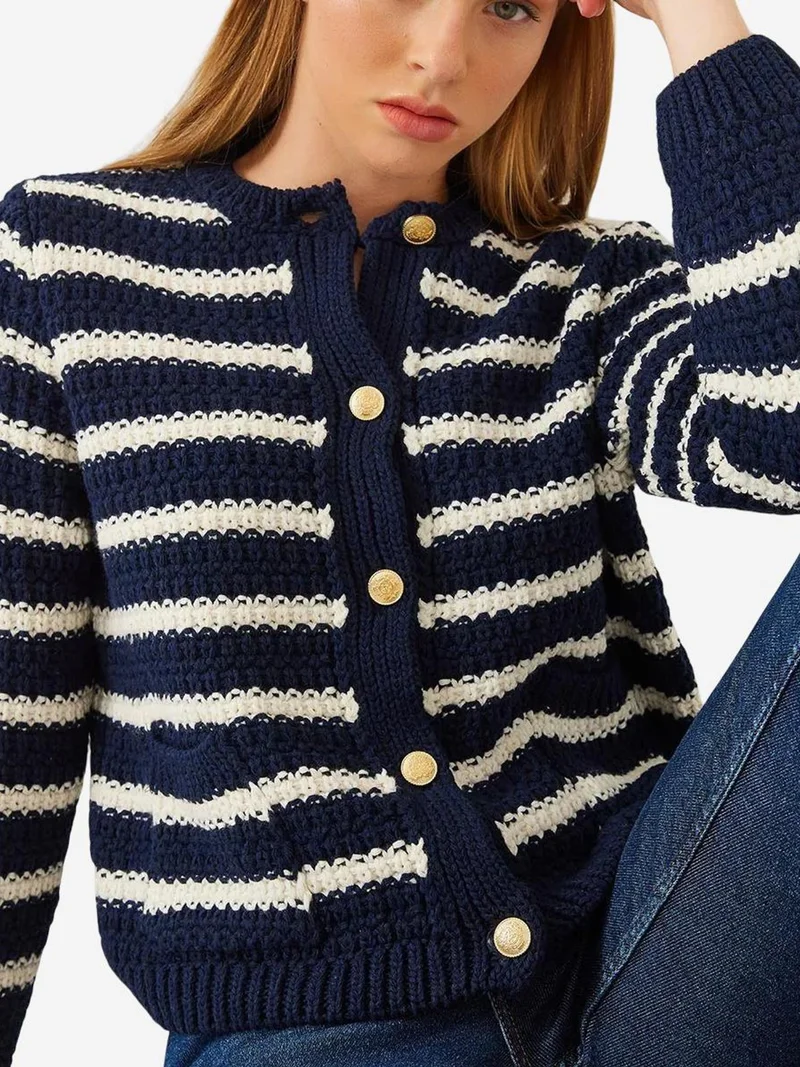 LUCCI Striped Button-Up Knit Cardigan
