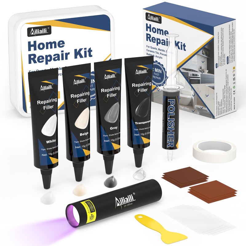 ailiaili Quartz Countertop Repair Kit Granite Marble Repair Kit with 415g FillerWhiteBeige GrayClear 30s Fast Repair Chip Hole Scratch Crack on Fiberglass Porcelain Ceramic Tile Bath Tub Sink - Image 2