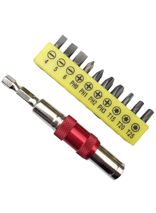 جيه زد اس مجموعة مفكات براغي JZS مكونة من 10 قطع، بمقبض تمديد مستقيم، ورأس مزدوج، ومقبس سداسي، ورأس مسطح، وأداة يدوية متعددة الاستخدامات، باللونين الفضي والأحمر. - Image 1