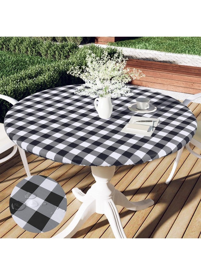 Smiry Round Picnic Table Cloth, Elastic Waterproof Fitted Vinyl Tablecloth for 36"-44" Tables, Flannel Backed Buffalo Plaid Table Covers for Dining, Camping, Outdoor, Black and White - Image 1