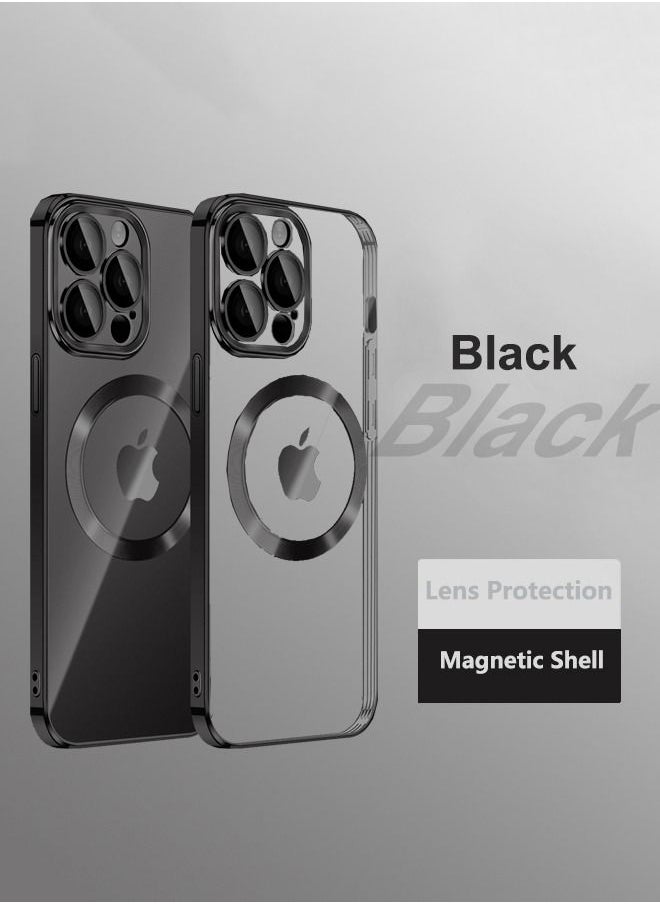 Generic - Compatible with iPhone 14 Pro Max 6.7 Inch Electroplated TPU Magnetic Anti Drop Transparent Phone Case with Camera Lens Protector, MagSafe Magnetic Suction Charging (Black) - Image 1