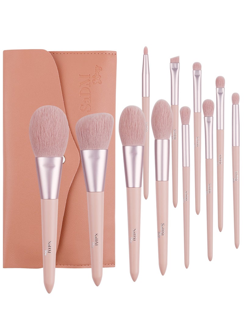 سدم شايني مجموعة فرش مكياج نباتية من سادم شايني مكونة من 11 فرشاة مع حقيبة سفر من الجلد– فرش خالية من القسوة لمكياج مثالي - Image 1
