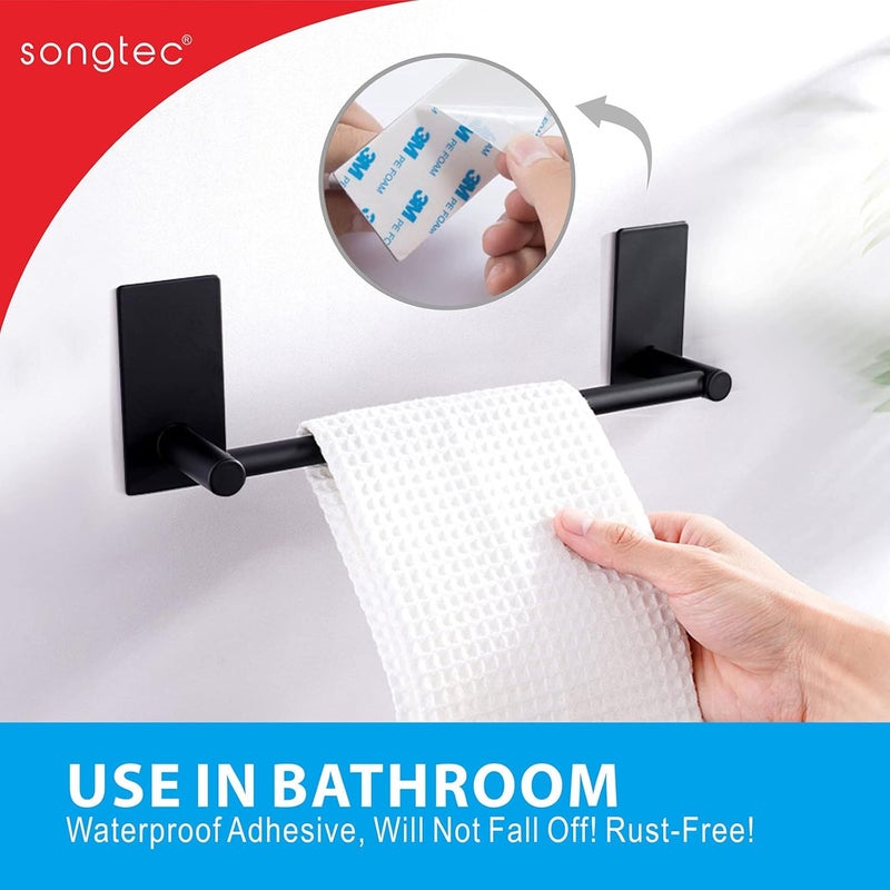 Songtec قضيب مناديل لاصق من Songtec، لون أسود، طول 9 بوصات، يمكن لصقه على رف المناديل، يحتوي على أدوات لحمل المناديل، لا يتطلب حفرًا في الجدار - لون أسود - Image 5