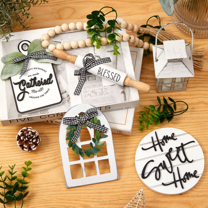 Houmury Set of 16 Farmhouse Tiered Tray Decor with 1 Lantern Artificial Plant& Cutting Board Sign for Rustic Home Kitchen Decor Tier Tray Decor Set (Tiered Tray Not Included) - Image 4