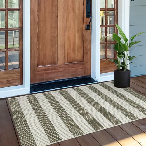 OJIA Striped Rug 24"x51" Washable Front Door Mat Christmas Doormat Woven Entry Rug Cotton Indoor Outdoor Rug Small Checkered Rugs for Porch Kitchen Entryway Patio Bathroom (Green/White/Tan) - Image 1