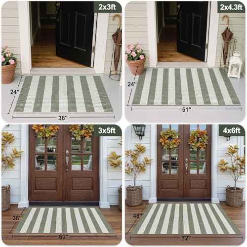OJIA Striped Rug 24"x51" Washable Front Door Mat Christmas Doormat Woven Entry Rug Cotton Indoor Outdoor Rug Small Checkered Rugs for Porch Kitchen Entryway Patio Bathroom (Green/White/Tan) - Image 3