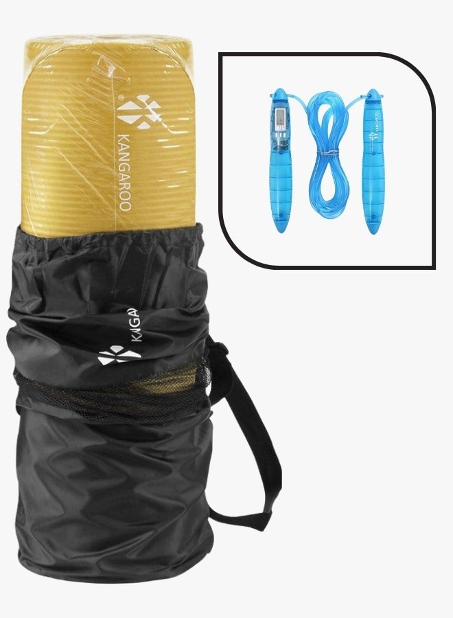 كانجرو مجموعة فرشة التمارين سمك 15 ملي اصفر مع حبل نط ازرق