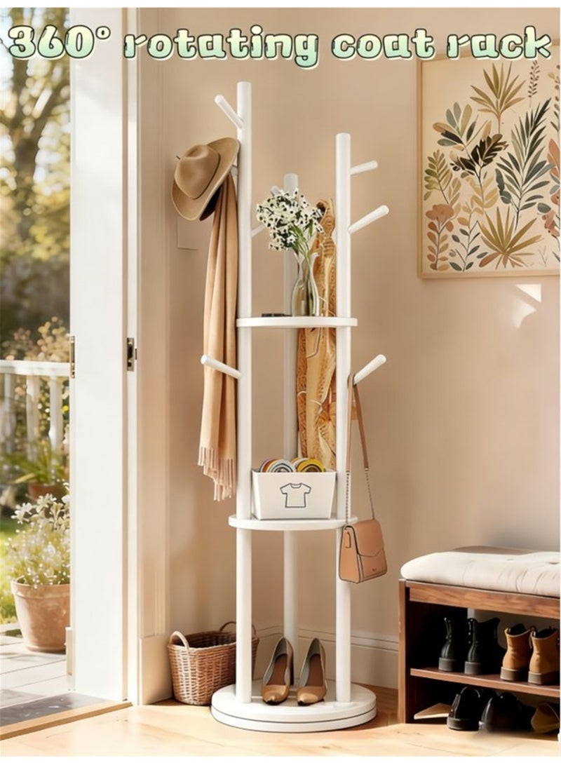 Wood Coat Rack, Rotary Coat Rack Freestanding with 3 Storage Shelves & 9 Hooks, Coat Tree with Rotating Base for Entryway Livingroom Bedroom Office Corner, 40*40*164cm (White) - Image 1