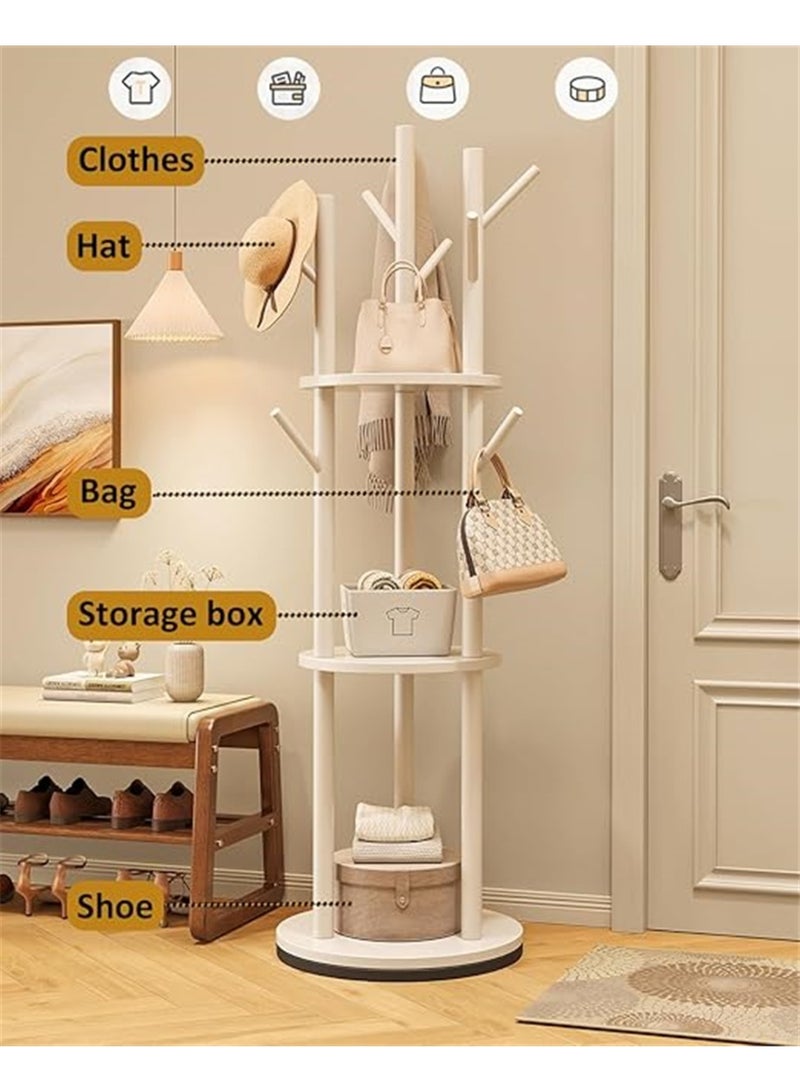 Wood Coat Rack, Rotary Coat Rack Freestanding with 3 Storage Shelves & 9 Hooks, Coat Tree with Rotating Base for Entryway Livingroom Bedroom Office Corner, 40*40*164cm (White) - Image 4