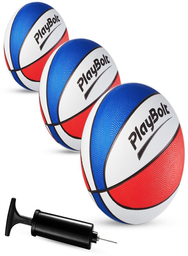 PlayBolt Size 3 Mini Basketballs (Pack of 3) - 7-Inch Premium Red, White & Blue Youth Rubber Basketballs with Hand Pump for Kids, Indoor Over-the-Door Hoops, Backyard Pools, Arcade Games, Training and Practice - Image 1