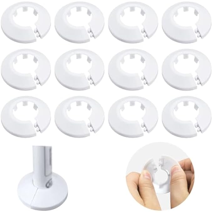 12 PCS WHITE RADIATOR PIPE COVERS - SMALL RADIATOR CAPS AND COLLARS FOR 15MM WATER PIPES - Image 1