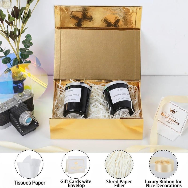 Uoering 1 Pcs Gold Gift Box 9.5X6X3 Inch Small Luxury Gift Box For Presents With Magnetic Lid Collapsible Birthday Christmas Contains Card  Ribbon  Tissue Paper Shredded Paper Fille - Image 3