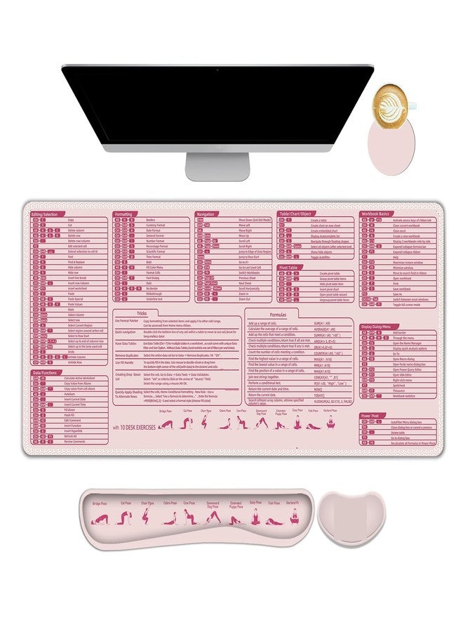 ARTSO Excel Shortcut Keys Mouse Pad Set, Extended Large XL Cheat Sheet Gaming Mousepad with Wrist Rest Support, Non-Slip Stitched Edge Keyboard Mat, Pink - Image 1