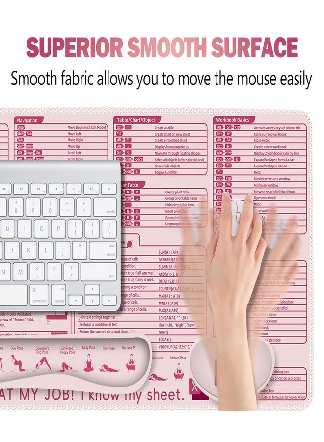 ARTSO Excel Shortcut Keys Mouse Pad Set, Extended Large XL Cheat Sheet Gaming Mousepad with Wrist Rest Support, Non-Slip Stitched Edge Keyboard Mat, Pink - Image 3