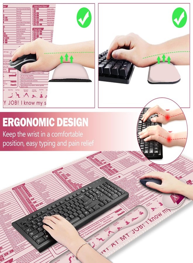 ARTSO Excel Shortcut Keys Mouse Pad Set, Extended Large XL Cheat Sheet Gaming Mousepad with Wrist Rest Support, Non-Slip Stitched Edge Keyboard Mat, Pink - Image 2