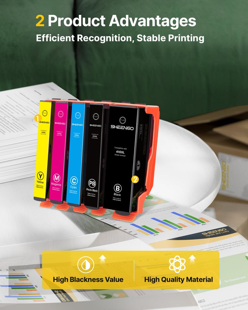 SHEENGO 410XL 410 Ink Cartridges Remanufactured for Epson 410XL 410 XL Ink Cartridge 5 Pack T410XL T410 Use for Expression XP-7100 XP-830 XP-640 XP-630 XP-635 XP-530 (Black Cyan Magenta Yellow/Photo Black) - Image 4