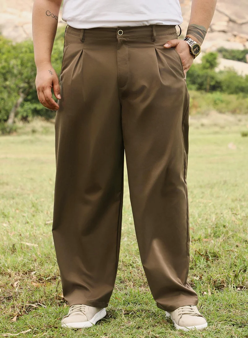 انستافاب بلس Instafab Men's Chocolate Brown Pleated Straight-Fit Tailoured Trousers | Mid Rise , Straight Hem , Button Closure | Solid Plain | Polyester Blend Trousers For Casual Wear