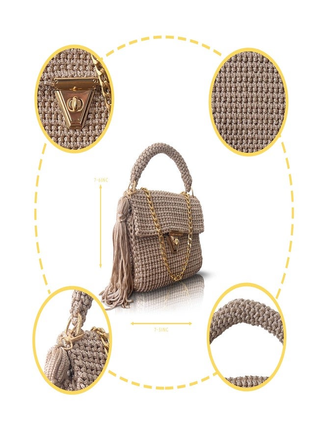 CHQEL Handmade Beige Crochet Shoulder Bag for Women | Gold Chain & Top Handle | Boho Knitted Purse | Elegant Evening (Beige) - Image 5